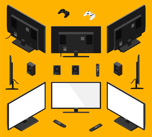 ilustrações, clipart, desenhos animados e ícones de conjunto dos monitores isométricos com controle remoto - video game gamepad black isolated on white