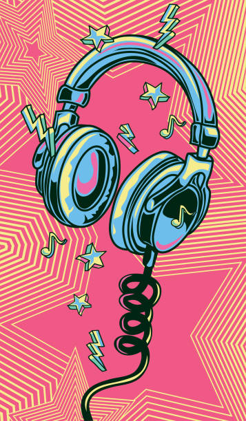 ilustraciones, imágenes clip art, dibujos animados e iconos de stock de auriculares musical dibujados coloridos funky - contemporary style audio