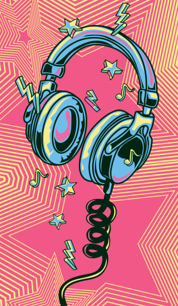 funky красочные нарисованные музыкальные наушники - youth culture audio stock illustrations