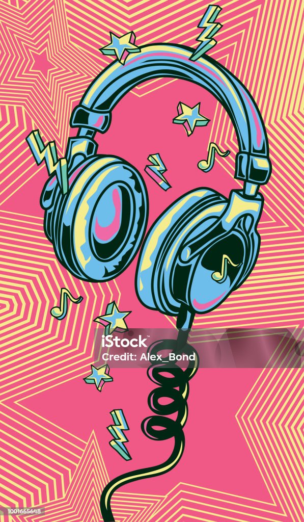 Funky colorful drawn musical headphones decorative vector artwork Headphones stock vector