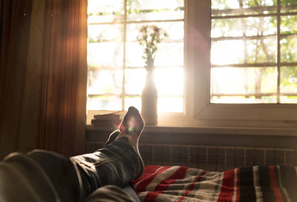 lying and relaxing in bed opposite a window on a sunny day