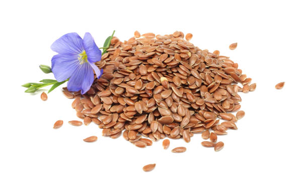 istock flax seeds with flower isolated on white background. flaxseed or linseed. Cereals. 1001676134