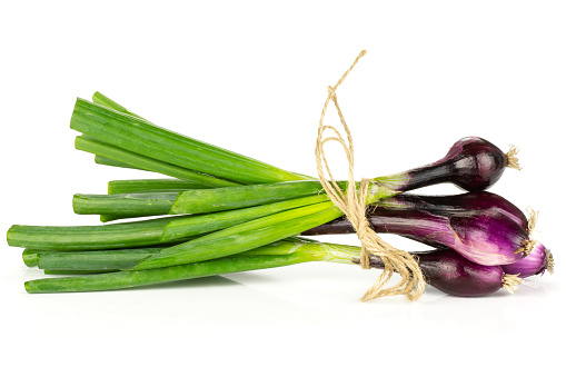 Group of five whole fresh green spring onion red scallion variety bunch tied by rope isolated on white