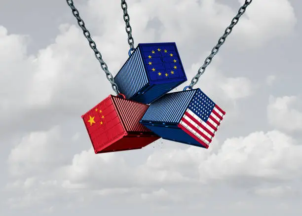 China Europe United States trade war business metaphor and Chinese European and American tariff dispute as an economic problem with cargo containers in conflict as a 3D illustration.