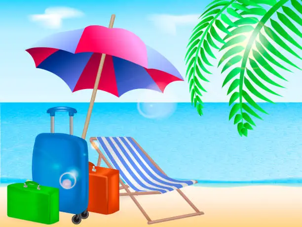 Vector illustration of Chaise longue with a beach umbrella and red, blue, green suitcases on a coastline. Vector illustration