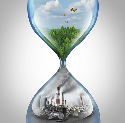 Rate of environmental damage and climate change urgency concept as a green natural habitat sinking into a pollution and toxic enviroment in a sand hourglass with 3D elements.