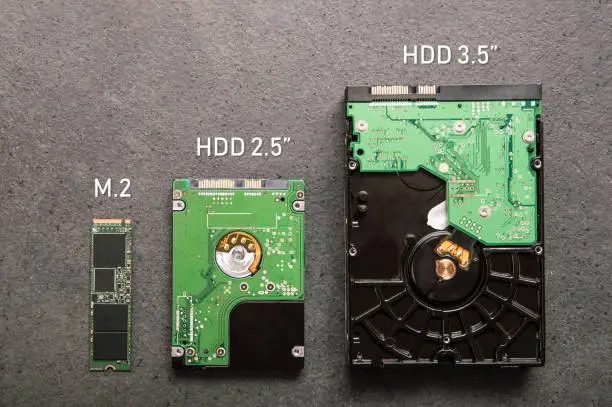 Three drives arranged on a stone slab. Comparison of SSD M.2 drive with HDD 2.5" and 3.5"