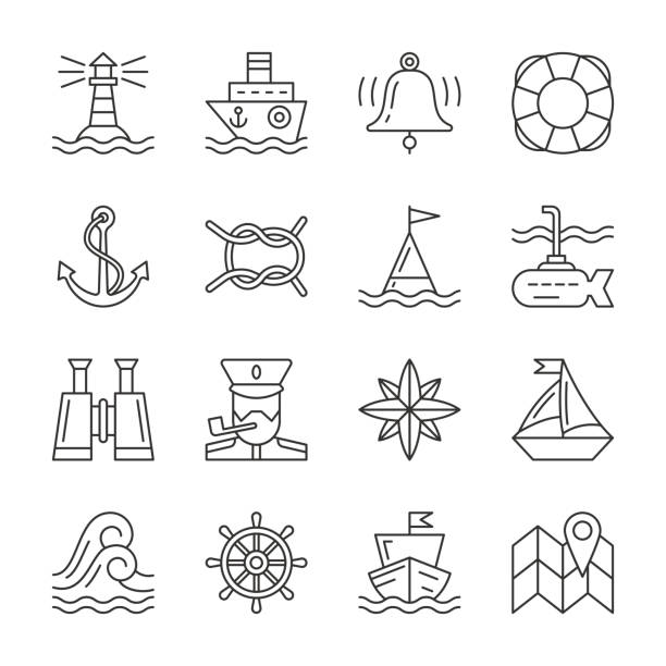 편집 가능한 획 해양 항해 라인 아이콘 세트 - sailboat sign nautical vessel shape stock illustrations