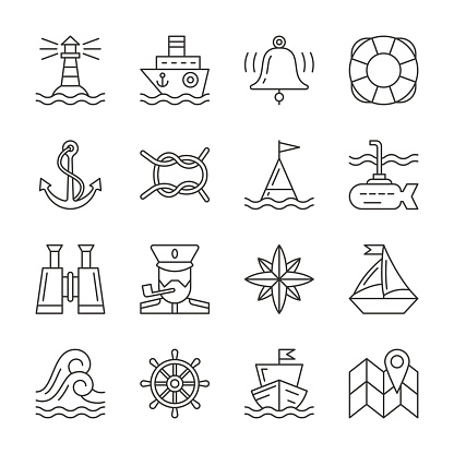 Nautical thin line icon set. Marine linear symbol pack. Outline navigation, captain, accessories of navy, ship sign. Editable stroke simple flat design sea travel vector illustration isolated on white