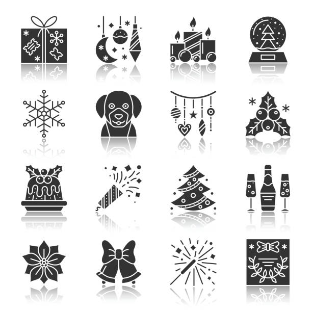 ilustraciones, imágenes clip art, dibujos animados e iconos de stock de navidad y año nuevo icono de silueta negra set - christmas candle reflection red