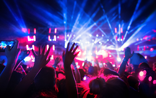 Rear view of large group of large group of people enjoying open air concert. All recognizable people in foreground are released.