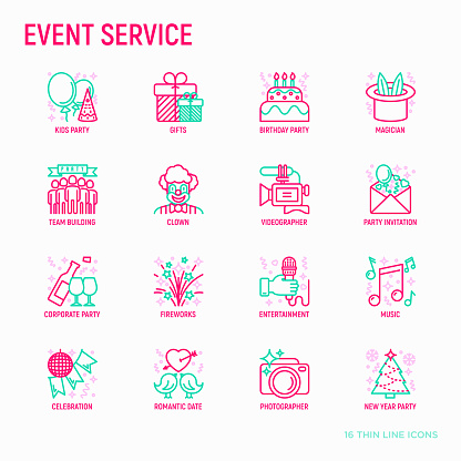 Event services thin line icons set: kids party, gifts, birthday, magician, clown, videographer, party invitation, corporate, fireworks, music, celebration, romantic date. Modern vector illustration.