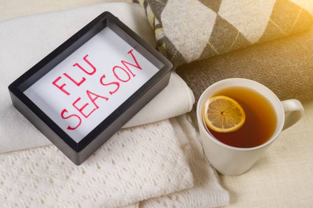 Flu season text in frame. Background warm woolen clothes, cup of hot tea. stock photo