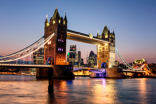 View of the Tower Bridge and City of London at dusk
