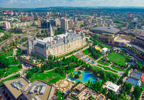 Iasi city view of Culture Palace. Aerial scene, Romania