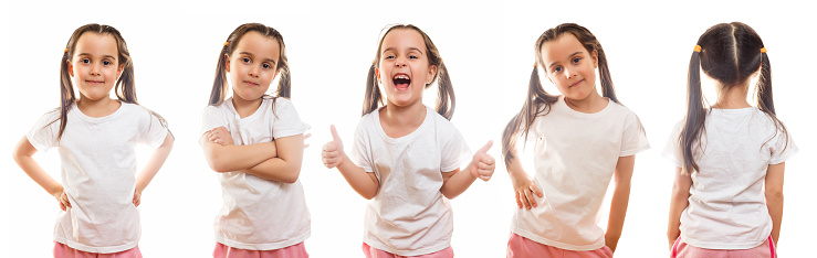 Different views of little girl wearing t shirt on white background