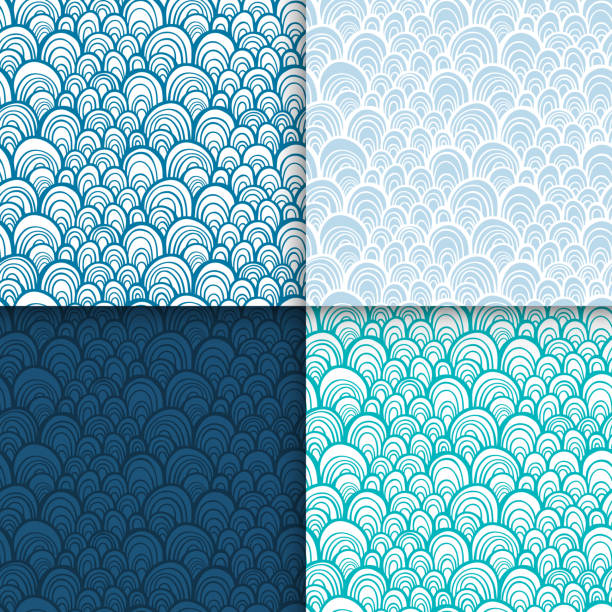 абстрактная шкала каракули бесшовные шаблоны набор - seaweed seamless striped backgrounds stock illustrations