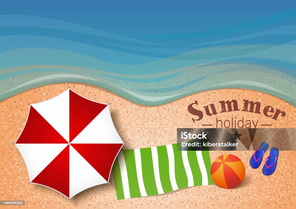 Summer background. Vector illustration Summer background with  the sea, sand beach, beach umbrella, towel, ball, flip flops and inscription - Summer holiday. Vector illustration Beach Umbrella stock vector