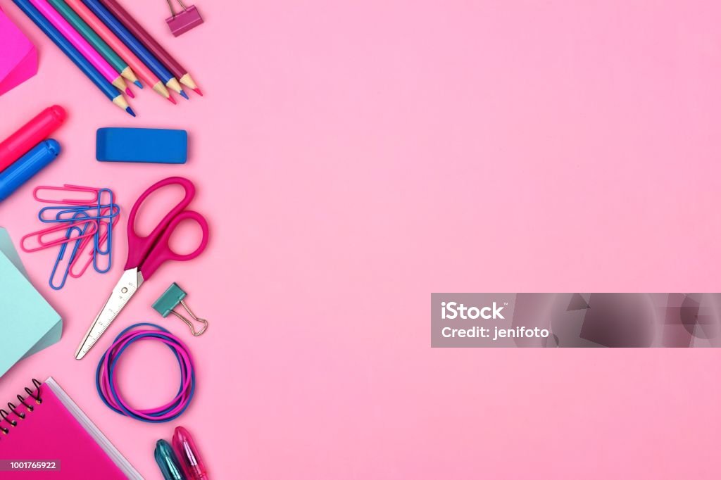 Pink And Blue School Supplies Side Border Over A Pink Background Stock  Photo - Download Image Now - iStock