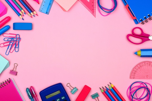 Pink And Blue School Supplies Frame Over A Pink Background Stock Photo -  Download Image Now - iStock