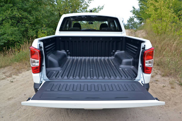 Zdiar, Slovakia - 11 July, 2018: Shot from the rear side on the cargo bed in SsangYong Musso pick-up truck. The Musso is the largest and the most luxury pick-up in SsangYong offer.