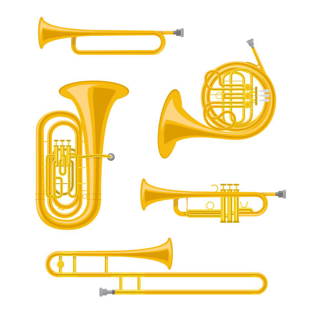 ilustraciones, imágenes clip art, dibujos animados e iconos de stock de conjunto de ilustración de vector de instrumentos musicales en estilo de dibujos animados aislados sobre fondo blanco - brass instrument jazz brass trumpet