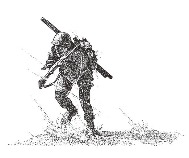 Engraving illustration of a World War II Combat Soldier attacking Omaha beach on D-Day, carrying Bangalore Torpedo