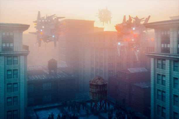 istock Alien UFO invasion over city at dawn 1001791356