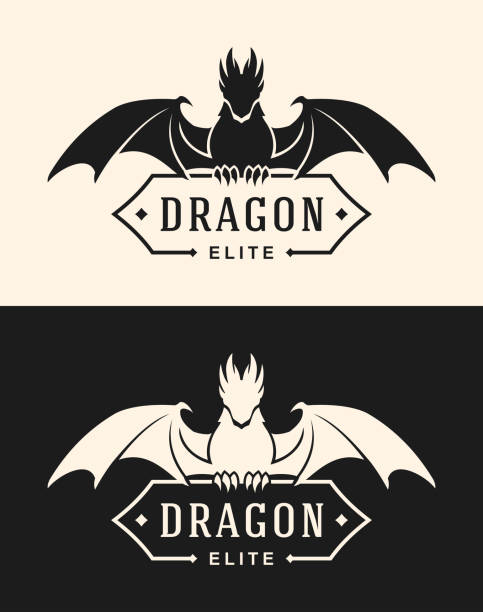 Dragon holding a banner with replaceable text - stylized black and white silhouette.