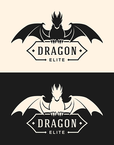 Dragon holding a banner with replaceable text - stylized black and white silhouette.