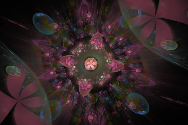 istock Glow Abstract Fractal Flower Background. Translucent bubbles texture with glow Flowers. Bright, multicolored computer generated, fractal abstract background 1001797226