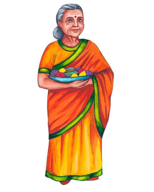インドの古い女性、フルーツ皿で高齢女性 - indian ethnicity women smiling white background点のイラスト素材／クリップアート素材／マンガ素材／アイコン素材