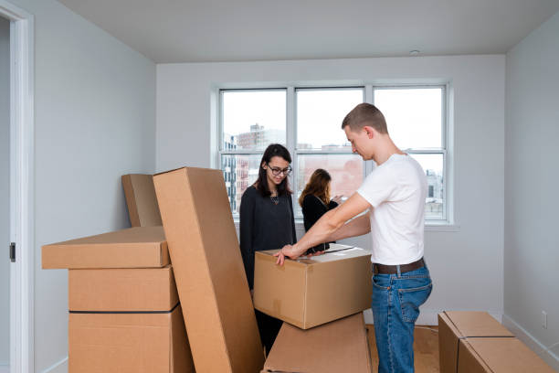 the family moving into the new apartment. the young 30 years old man and teenage girl unboxing and assembling furniture, when the older sister ordering pizza with her smartphone. - independence lifestyles smiling years imagens e fotografias de stock