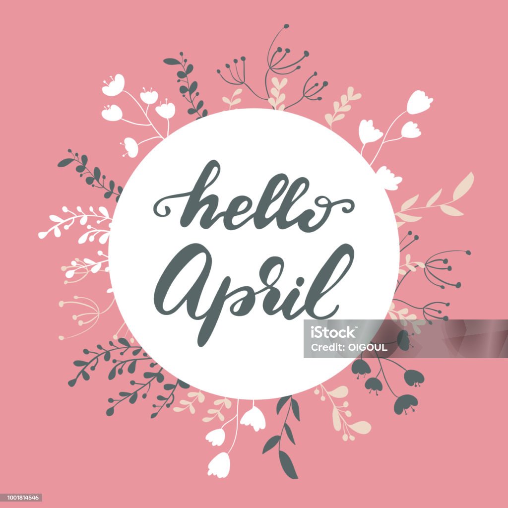 April Note Cards Greeting Card Design With Lettering Hello April Vector Illustration ...