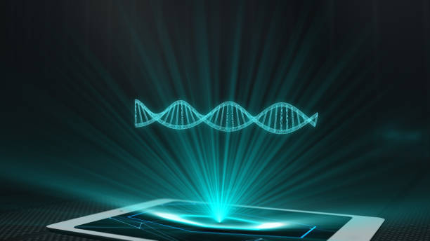 tecnología de holograma de adn proyección pantalla holográfica futurista teléfono tableta - technology digital display digitally generated image brain fotografías e imágenes de stock