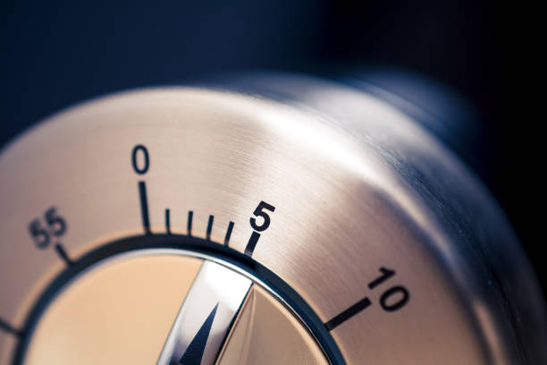 istock 5 Minutes - Close-Up Of An Analog Chrome Kitchen Timer With Dark Background 1001817754