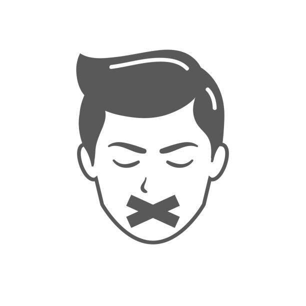 ilustrações, clipart, desenhos animados e ícones de rosto masculino com fita adesiva na boca dele. ilustração do vetor de comunicação. - finger on lips black and white secrecy men