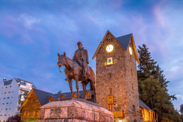 Civic Center (Centro Civico) and main square in downtown Bariloche at sunset - Bariloche, Patagonia, Argentina Bariloche, Argentina - Feb 16, 2018: Civic Center (Centro Civico) and main square in downtown Bariloche at sunset - Bariloche, Patagonia, Argentina nahuel huapi national park stock pictures, royalty-free photos & images