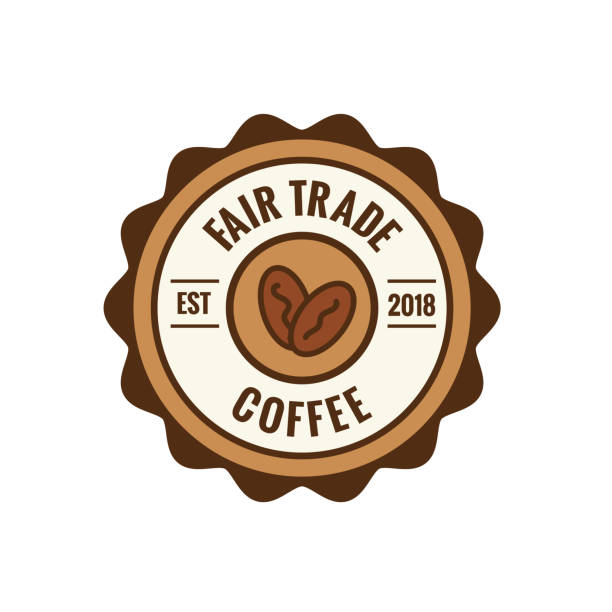 ilustraciones, imágenes clip art, dibujos animados e iconos de stock de emblema de café de comercio justo café sello w marrón y rojo - coffee circle coffee bean label