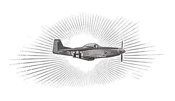 World War II P 51 Mustang Airplane. Engraving illustration of a World War II P 51 Mustang Airplane flying with cloudscape background. p51 mustang stock illustrations