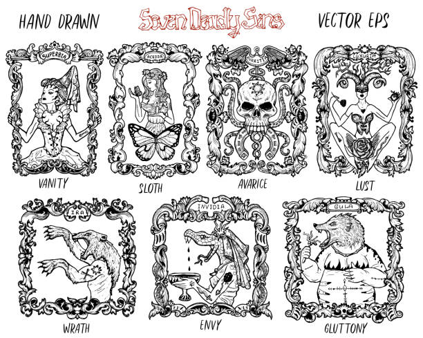 Ilustración de Con El Concepto De Siete Pecados Mortales Colección Vector Blanco Y Negro y más Vectores Libres de Derechos de Los siete pecados capitales - iStock Ilustración de Con El Concepto De Siete Pecados Mortales Colección Vector Blanco Y Negro y más Vectores Libres de Derechos de Los siete pecados capitales - iStock