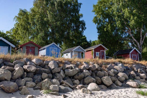 istock Multi colored beach houses in the rays of the setting sun. 1001845996