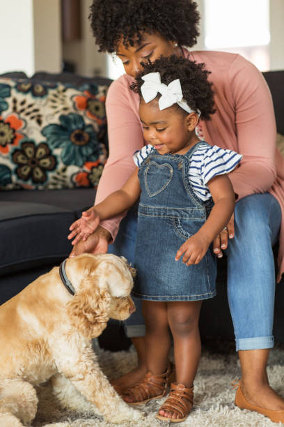 istock Little girl and her mom playing with thier dog. 1001850890