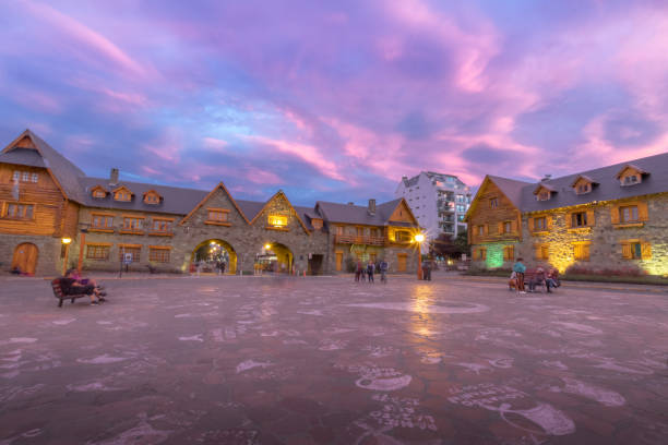 Civic Center (Centro Civico) and main square in downtown Bariloche at sunset - Bariloche, Patagonia, Argentina Civic Center (Centro Civico) and main square in downtown Bariloche at sunset - Bariloche, Patagonia, Argentina bariloche stock pictures, royalty-free photos & images