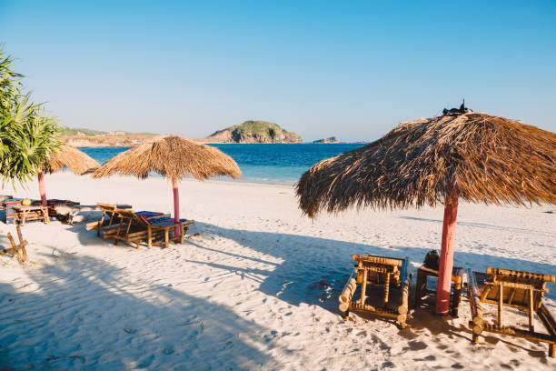 istock Tropical holiday beach with white sand and ocean with blue sky 1001887232