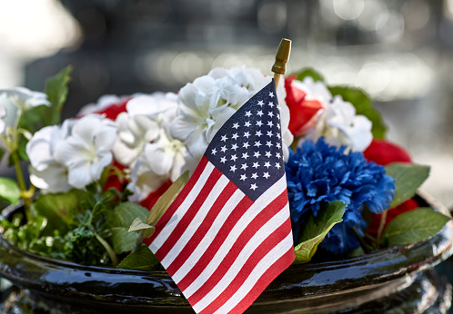 American flag in a flower pot for the 4th of July Celebration