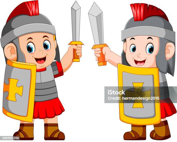 Roman Soldier With Sword Standing Up Stock Illustration - Download Image Now - Child, Roman Centurion, Army Soldier