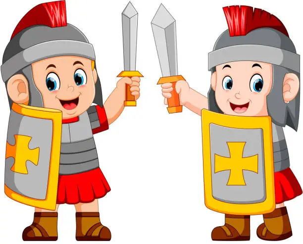 Vector illustration of Roman soldier with sword standing up