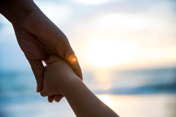 soft focus parent hold the little child hand during sunset, warm tone. soft focus parent hold the little child hand during sunset, warm tone. kids holding hands stock pictures, royalty-free photos & images