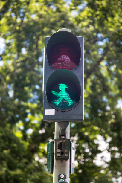 Berlin, Germany - June 20, 2019: Green pedestrian traffic light with the Ampelmann of East Germany